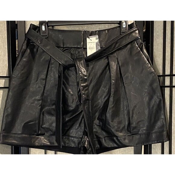 Express Pants - Express Women's Black High Waisted Faux Leather Belted Paperbag Shorts Size 12